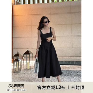 SOTHEA 2025年夏日法式慵懒全棉方领抽褶高腰长款过膝背心连衣裙