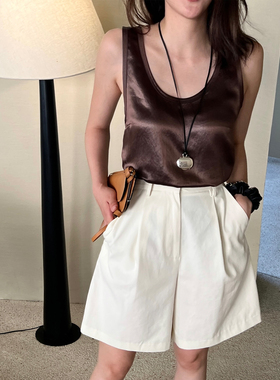 SOTHEA 法式松弛感全棉中高腰A字阔腿百慕大短裤女夏白色百搭裤子