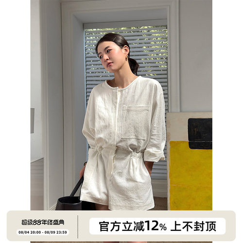 SOTHEA 老钱风 2026年圆领亚麻复古工装衬衫抽绳收腰连体裤连体衣