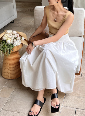 SOTHEA 法式浪漫 chao显瘦重工司马克抽褶百搭白色法式高腰半身裙