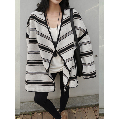 静奢条纹亚麻感羊毛斗篷廓形大衣