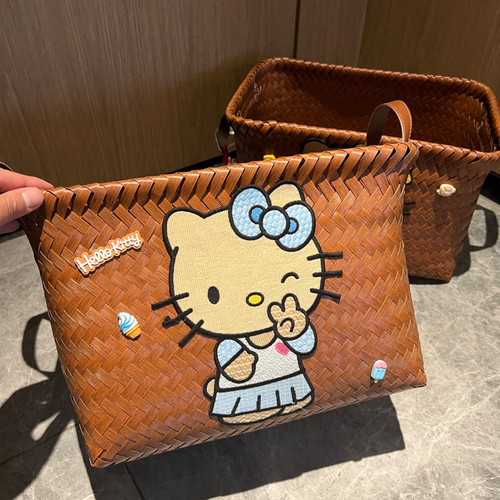 黑皮猫咪编织玩具收纳筐汽车后备箱收纳箱可爱春游野菜筐子大容量