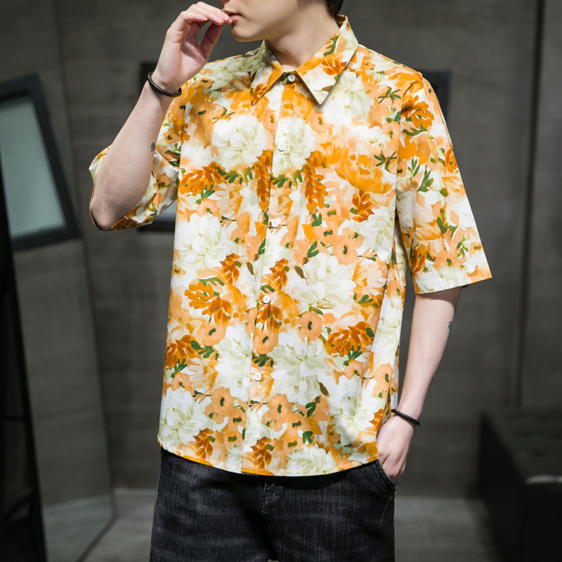 大码短袖衬衫免烫宽松潮花衣服夏休闲刺绣T恤QT4066-T2118,男装衬衫,电商A227