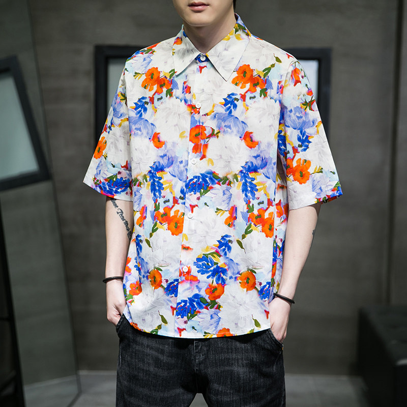 大码短袖衬衫免烫宽松潮花夏款休闲刺绣T恤QT4066-T2118-P55,男装衬衫,电商A227