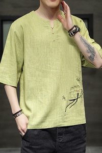 男士夏季短袖T恤棉麻风大码潮印花刺绣透气QT4066-T118图片