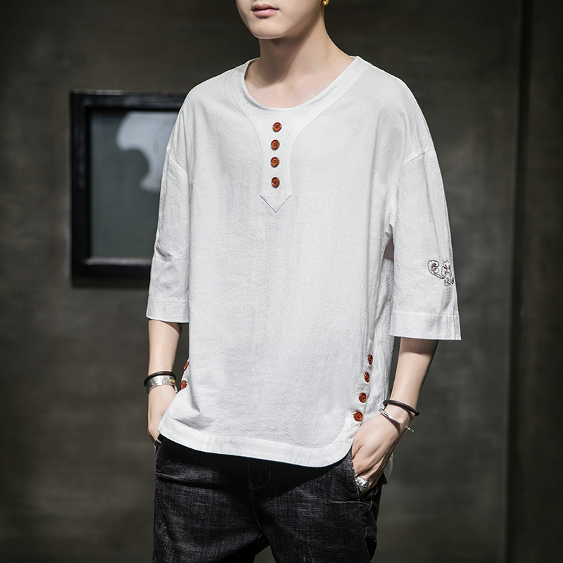 男士夏季短袖T恤棉麻风大码潮印花刺绣透气QT4066-T062，男装T恤，电商A227