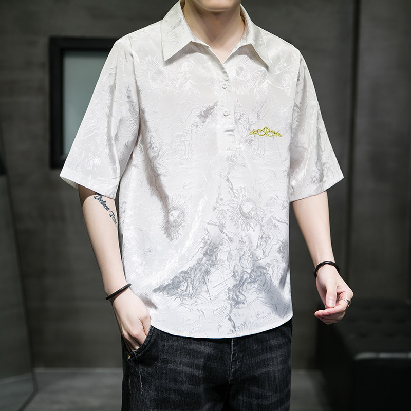 大码短袖衬衫风宽松潮缎彩夏休闲刺绣T恤QT4066-T2117-P55，男装衬衫，电商A227