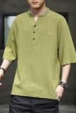 男士夏季短袖T恤棉麻风大码潮印花刺绣透气QT4066-T105，男装T恤，电商A227