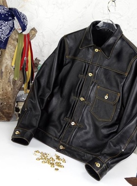 桑尼福利荔枝纹头层牛皮506牛仔改良版撞色线金色扣子保暖毛绒里