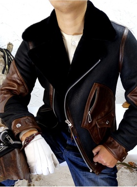 桑尼福利羊皮毛一体撞蜡染变色红棕牛皮真皮皮衣男皮毛一体