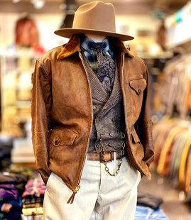 夹棉毛领报童男头层牛皮红棕真皮皮衣夹克