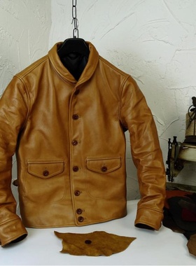 颜色棒！哥萨克cossack日版青果领校园蜡染牛皮皮夹克真皮皮衣男