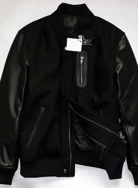 桑尼福利羊毛呢拼接头层牛皮袖男棒球服夹棉御寒短款真皮皮衣夹克