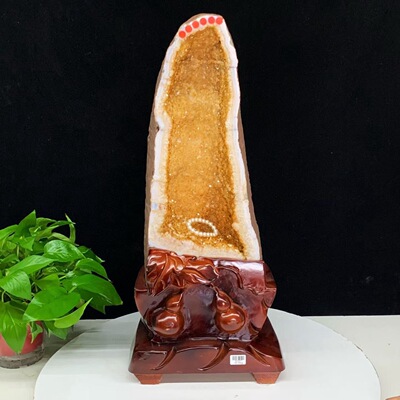 天然黄水洞摆件黄晶洞聚宝盆摆件黄聚宝洞钱袋黄色水晶洞35.9kg