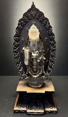 天然茶水晶释迦牟尼佛摆件纯手工雕刻配黑檀木底座