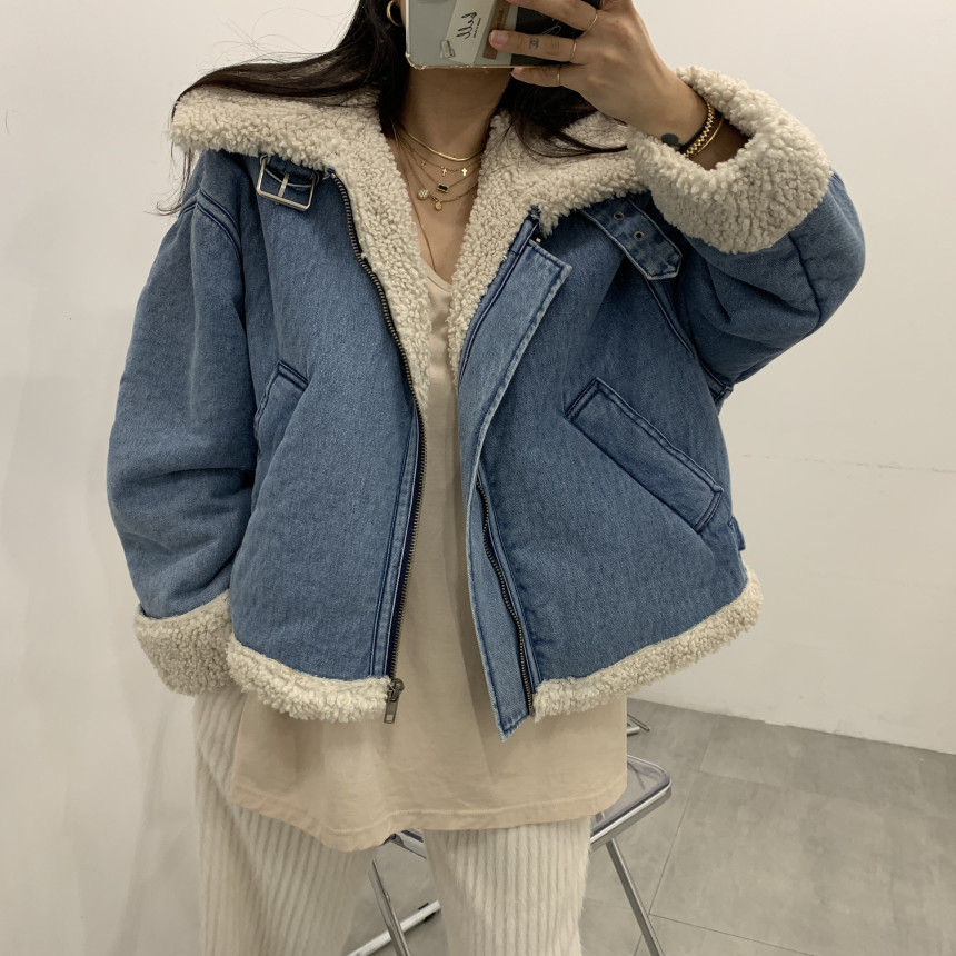 韩国东大门chic复古立领毛绒绒羊羔毛短款加厚宽松棉服牛仔外套女