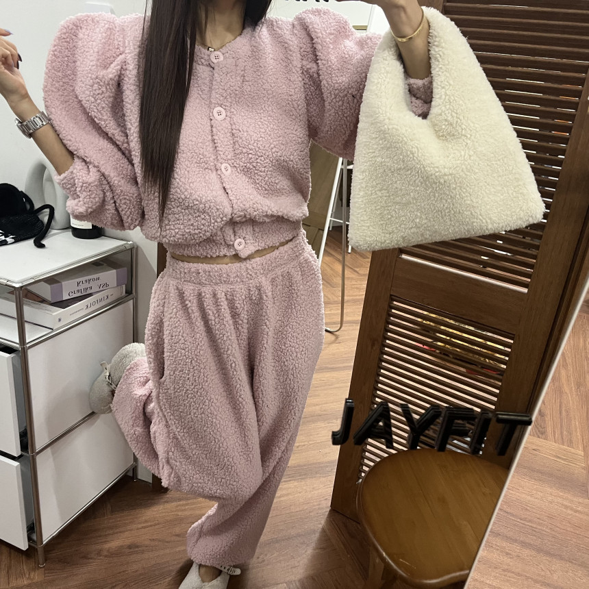 韩国东大门chic加厚羊羔毛系扣开衫外套松紧腰束脚长裤套装 2件套