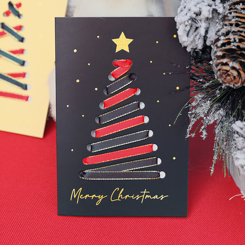 圣诞节贺卡片diy手工金边丝带树