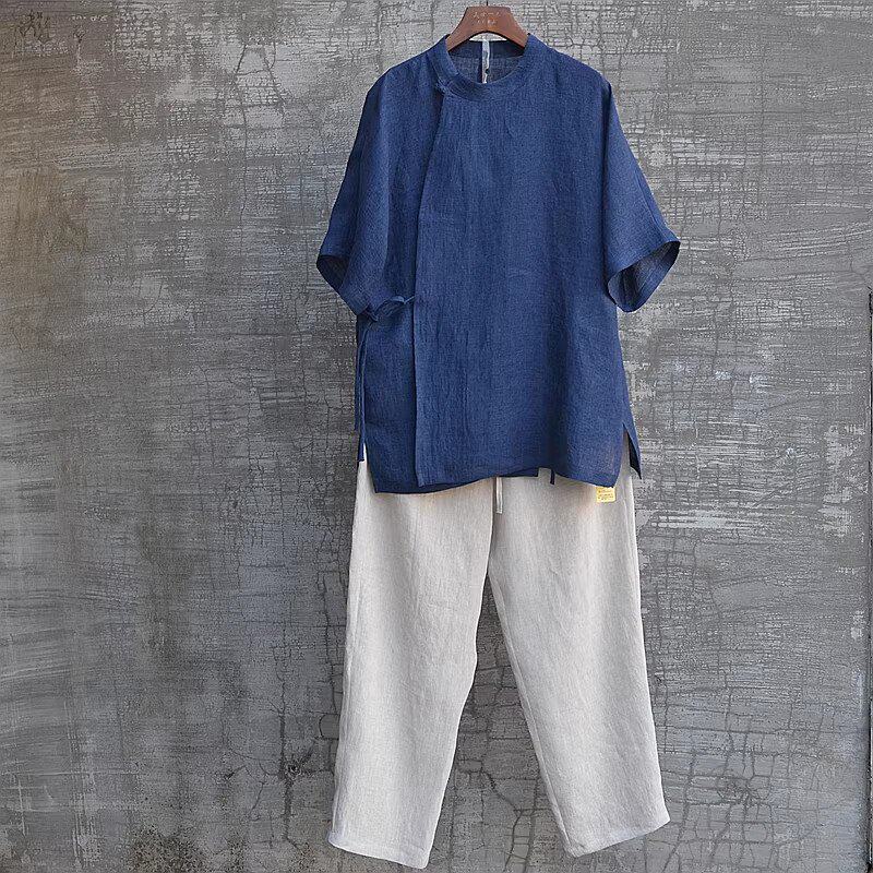 夏季亚麻立领短袖透气汉服套装