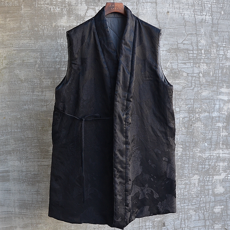 原创中性中长冬季薄款棉花两面穿棉背心马甲汉服比甲宽松休闲大码