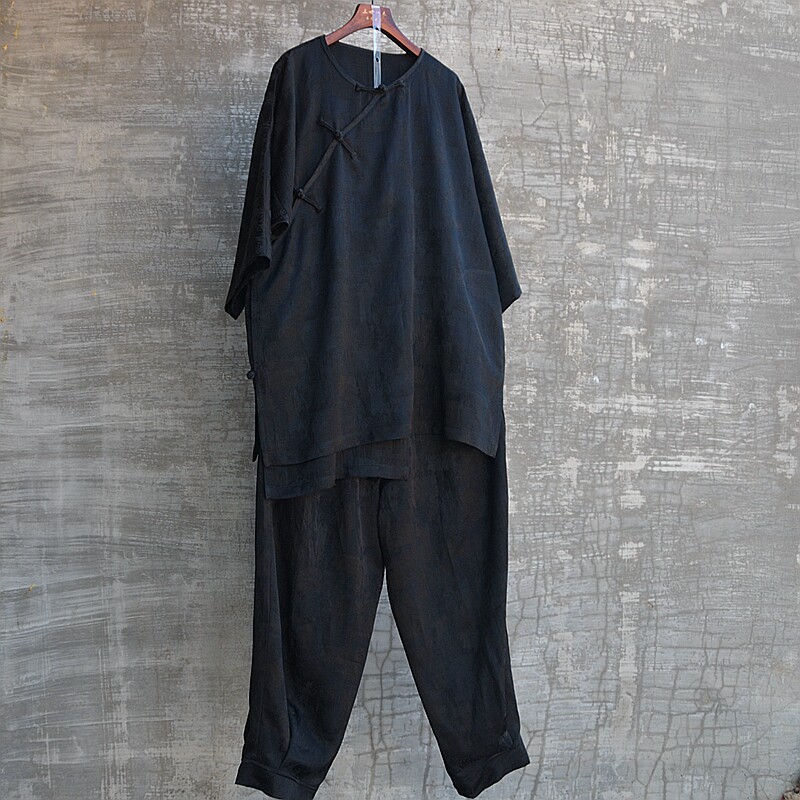 독창적인 새로운 디자인 라운드 넥 분할 소매 9부 바지 투피스 세트 복고풍 중국 스타일 셔츠 자카드 봄 여름 국가 트렌드 국가 스타일