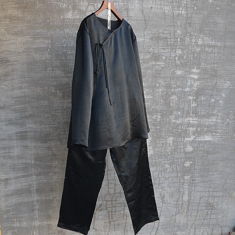 중국 스타일 남성용 아세테이트 매끄러운 광택 칼라리스 빅 브레스트 셔츠와 바지 투피스 세트 전국 트렌드 멋스럽고 패셔너블함