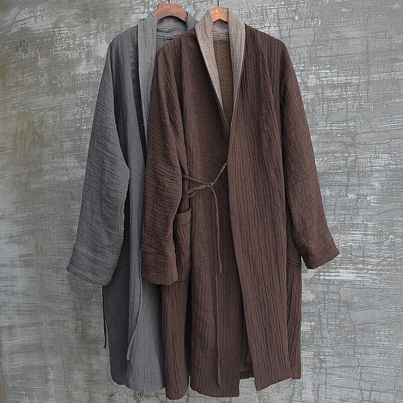 三世一木中国风亚麻风衣男中长款系带开衫外套复古休闲舒适大码