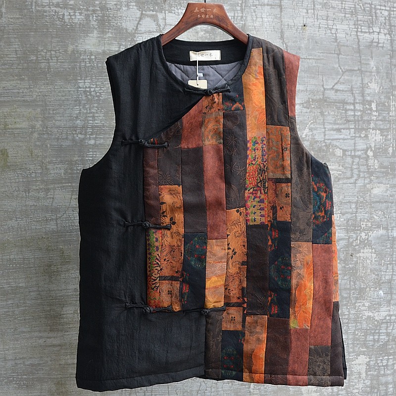 冬季拼色香云纱棉花填充棉马甲保暖背心复古国风国潮文艺宽松帅气