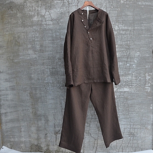 三世一木原创亚麻立领长袖直筒裤套装男休闲宽松大码帅气慵懒松弛