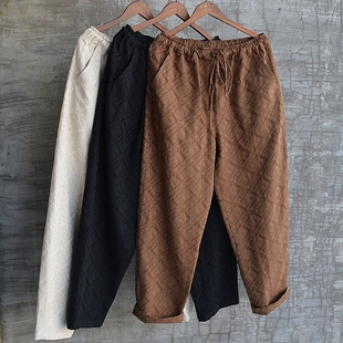 三世一木原创新款休闲提花国风长裤百搭棉麻大码日常复古松紧腰帅