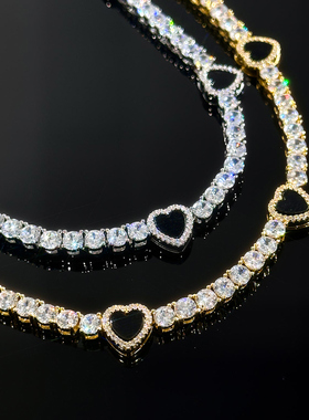 黑心形满钻网球项链嘻哈潮人手链