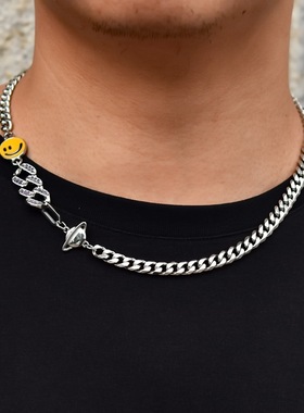 紫色镶钻古巴链子拼接笑脸项链男士潮牌百搭嘻哈美式男生锁骨链饰