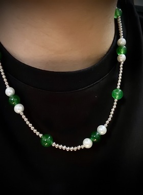 新款AsapRocky同款绿石合成珍珠项链嘻哈潮男女抽绳可调节锁骨链