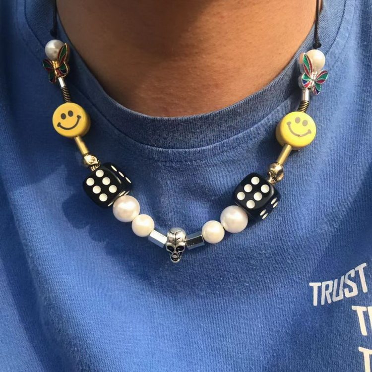 asap rocky  明星同款国潮骰子骷髅头蝴蝶珍珠陶瓷笑脸嘻哈项链