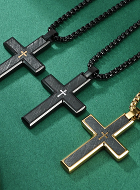 男女钛钢双色乱沙斜边十字架项链