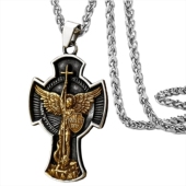 欧美风圣米迦勒十字架项链嘻哈潮男个性 钛钢复古大天使长盾牌吊坠