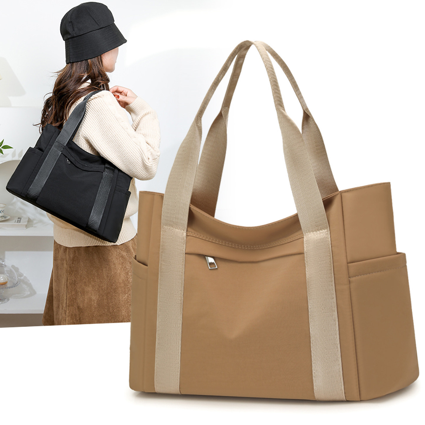 简约大容量托特包防水尼龙手提包轻便休闲单肩通勤包时尚潮流女包