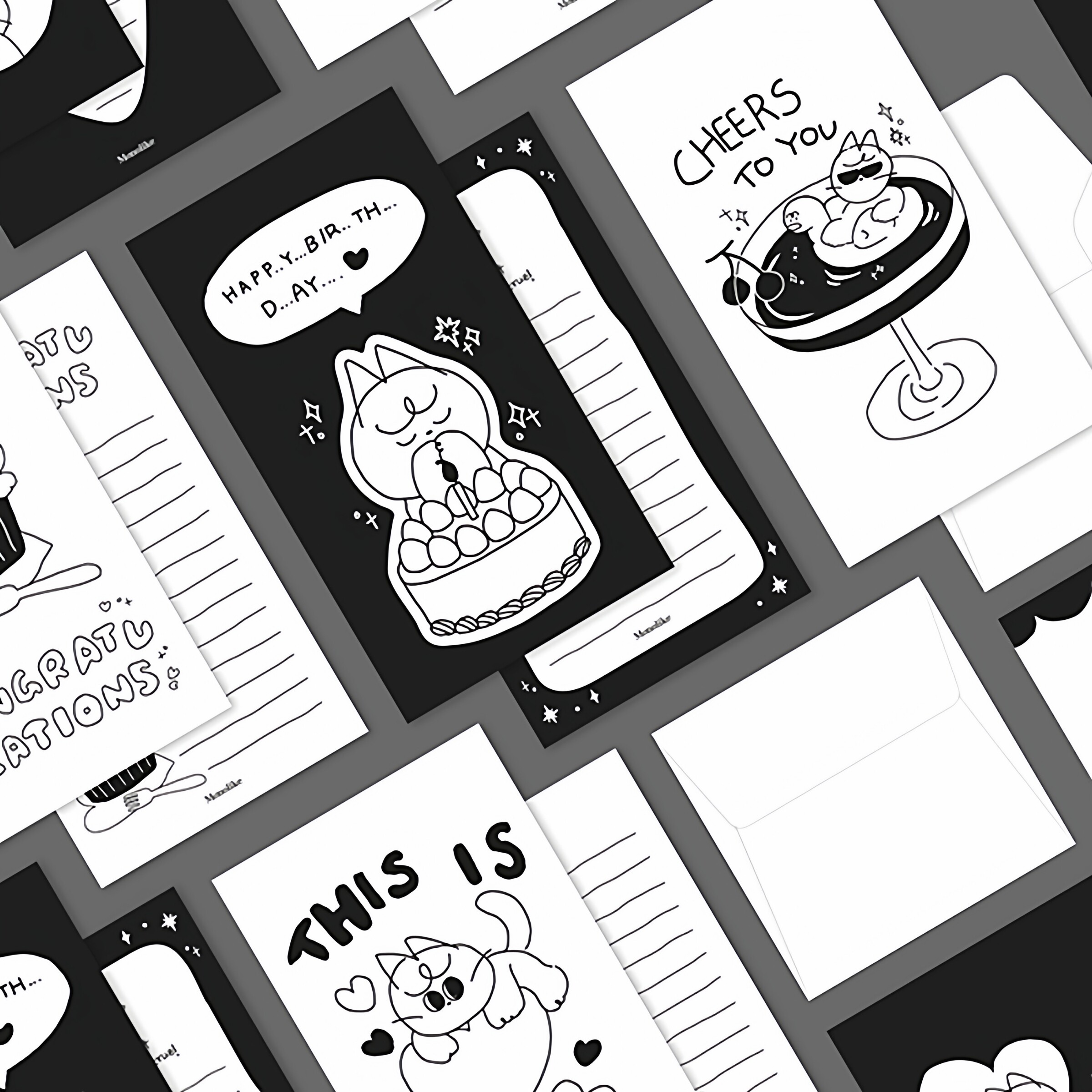 韩国monolike卡通黑白猫咪信笺可爱4+2信纸信封套装生日礼物贺卡