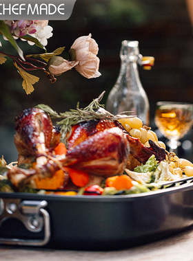 CHEFMADE学厨黑色17寸烤鸡盘带V型线架蛋糕面包烤鱼烤盘烘焙工具