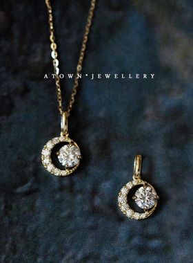 月牙坠925纯银镀14金项链镶锆钻