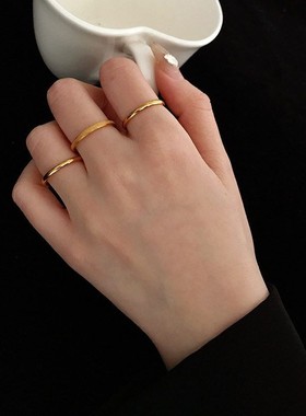 三生三世食指戒指女钛钢防过敏18K金色小素圈冷淡风网红时尚个性