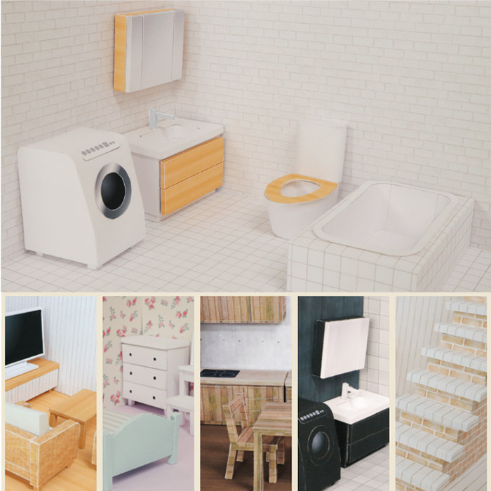 家居卫生间浴室场景马桶洗衣机浴缸3d立体纸模型diy手工制作折纸