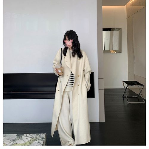 韩版金扣长毛双面呢羊毛大衣2024秋冬新款双排扣加长款毛呢外套女