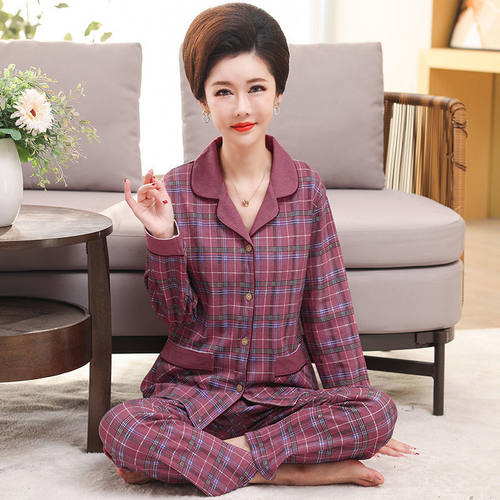 100%纯棉睡衣女士春秋季长袖大码开衫中年妈妈套装中老年人家居服