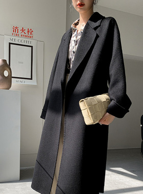 紫色双面100%羊毛大衣女长款过膝修身收腰羊毛呢外套2025秋冬新款