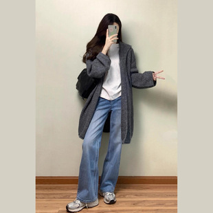 灰色中长款连帽羊毛衫外套女早秋季韩系宽松慵懒松弛感针织开衫