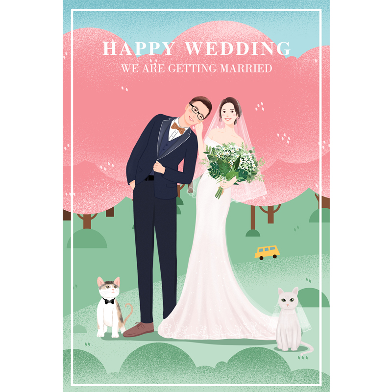 结婚请柬定制原创插画设计 喜帖情侣画像婚礼手绘人物请帖q版照片