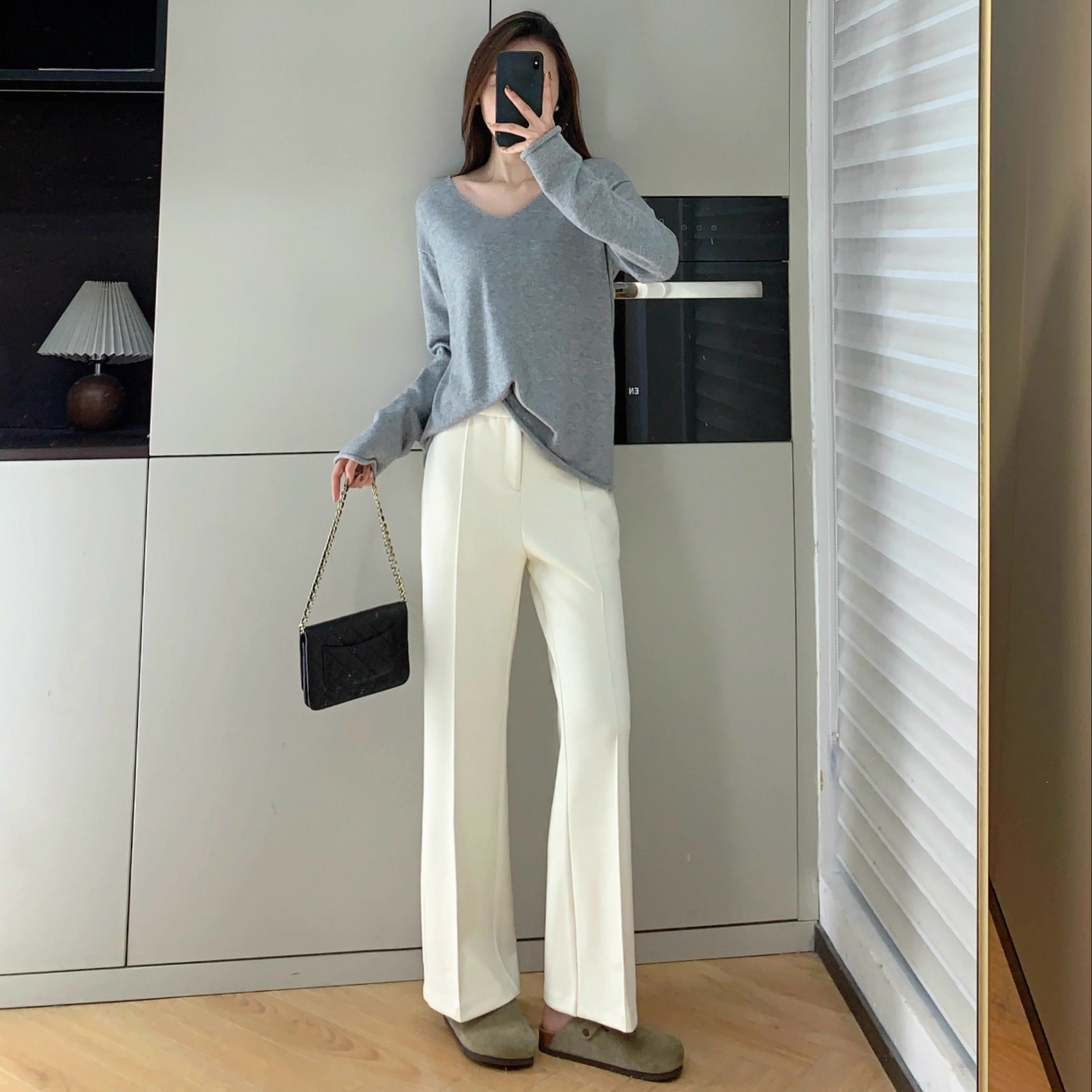 、莫代尔羊毛高腰微喇西装裤