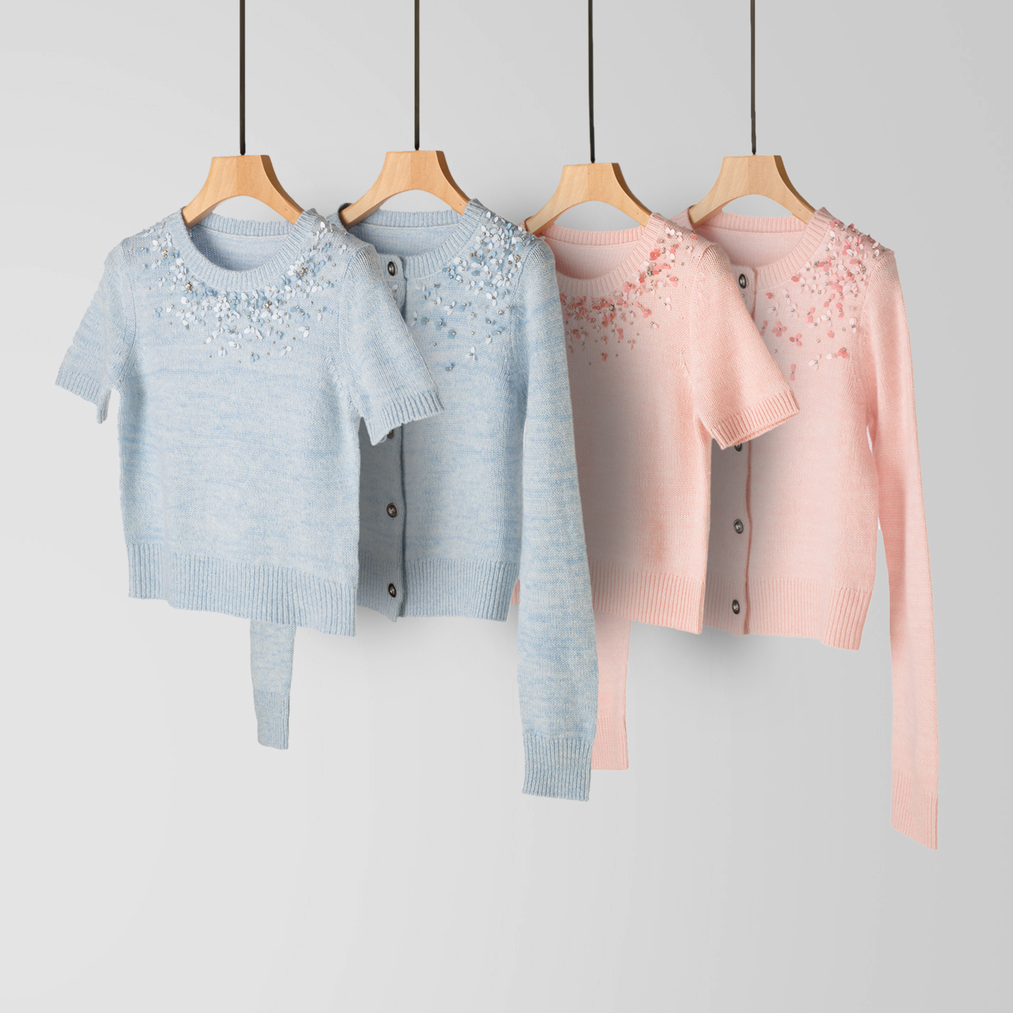 羊毛羊绒钉珠短袖针织衫+开衫