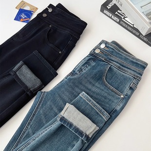 型巨正 靴裤 超保暖德绒高腰显瘦小脚裤 加绒牛仔裤 女冬 修身 版